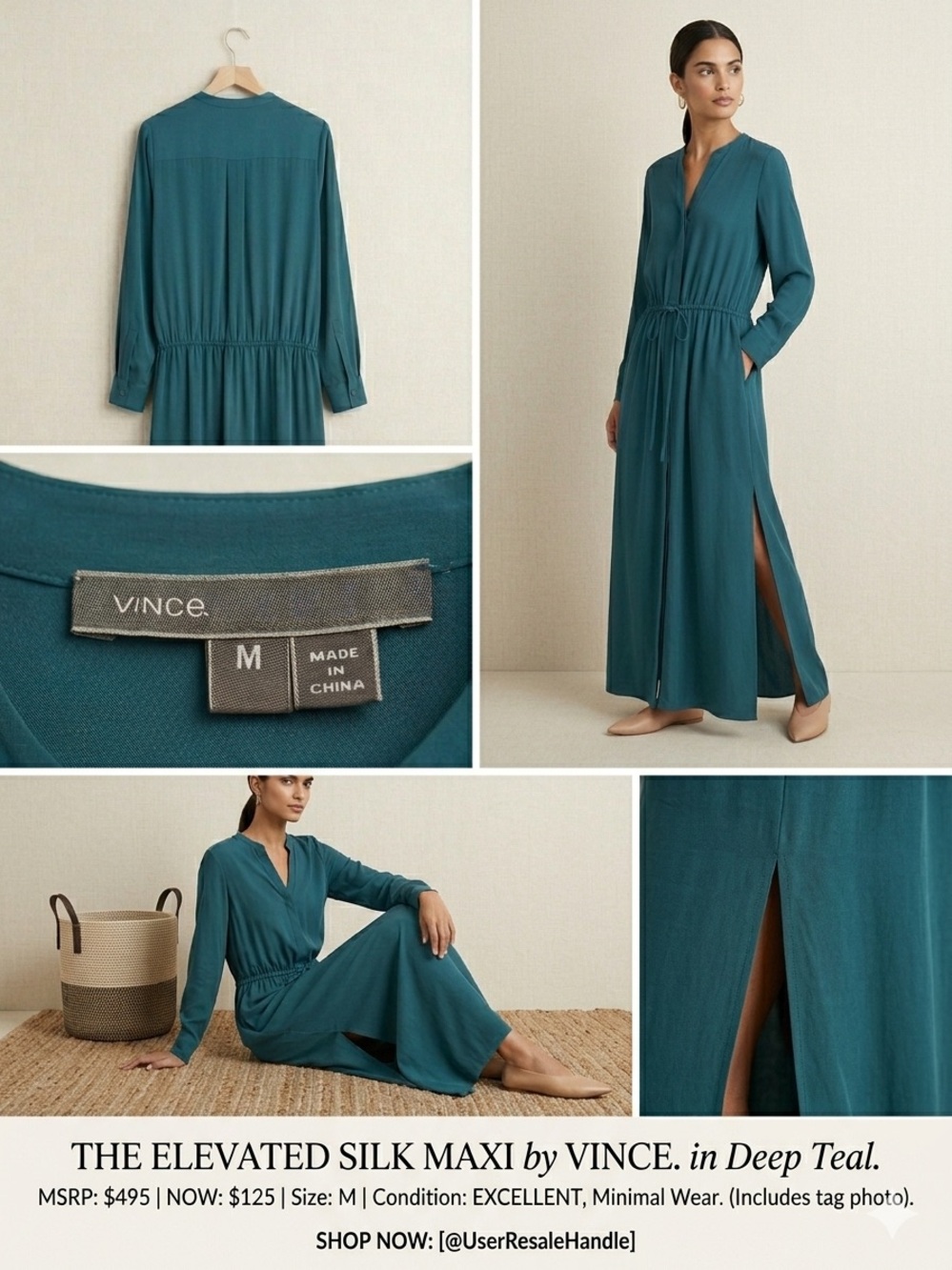 Vince Teal Long-Sleeve Drawstring Maxi Dress with Side Slits - Picture 11 of 11